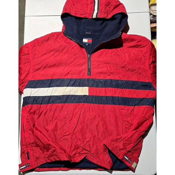 VTG Tommy Hilfiger Sailing Jacket Flag 2X Color Block Hood 1/4 Zip Fleece Lined